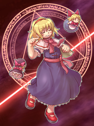 sankuma, alice margatroid, hourai doll, shanghai doll, touhou, lowres, 1girl, blonde hair, female focus, hairband, short hair, solo