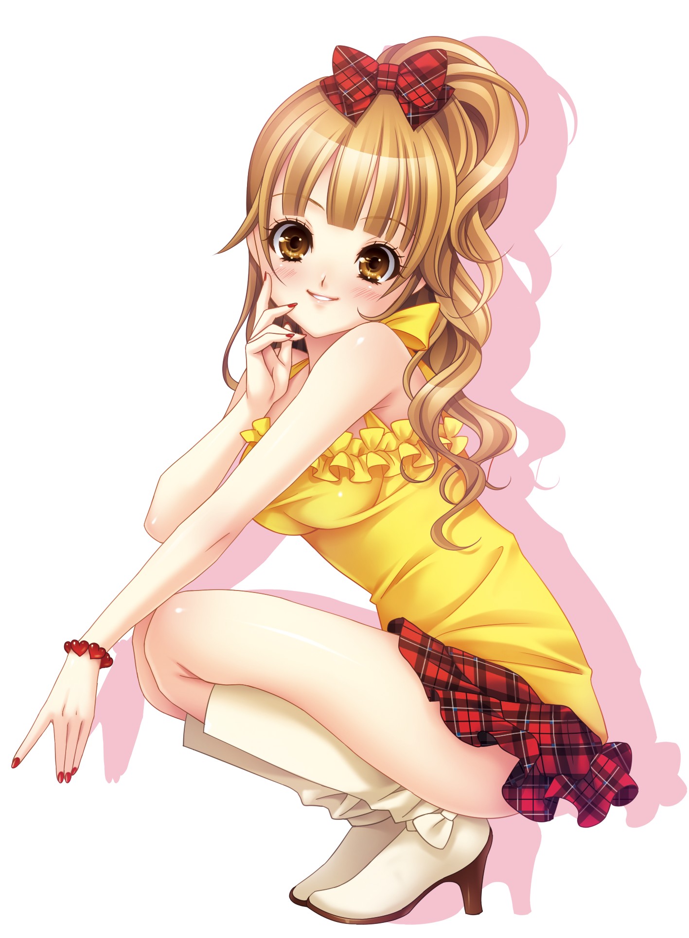 momoi komomo, original, bad id, bad pixiv id, highres, 1girl, boots, bow, brown eyes, brown hair, female focus, hair bow, long hair, nail polish, ponytail, red nails, skirt, smile, solo, squatting