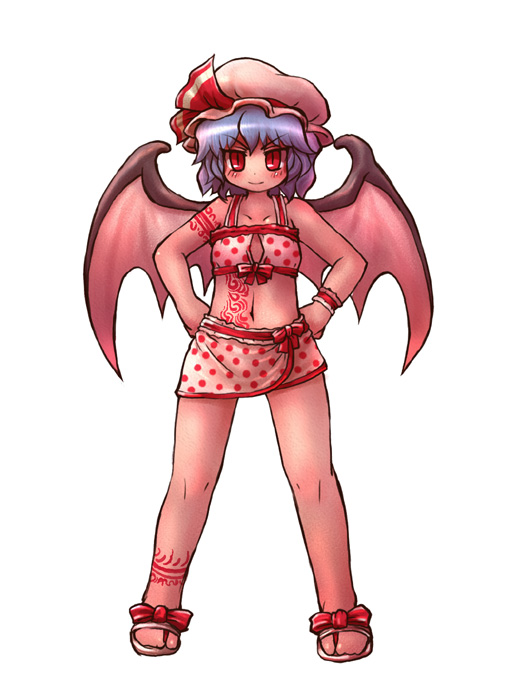 sankuma, remilia scarlet, touhou, 1girl, bikini, blue hair, female focus, full body, hat, polka dot, red eyes, sandals, short hair, simple background, skirt, solo, swimsuit, tankini, tattoo, vampire, white background, wings