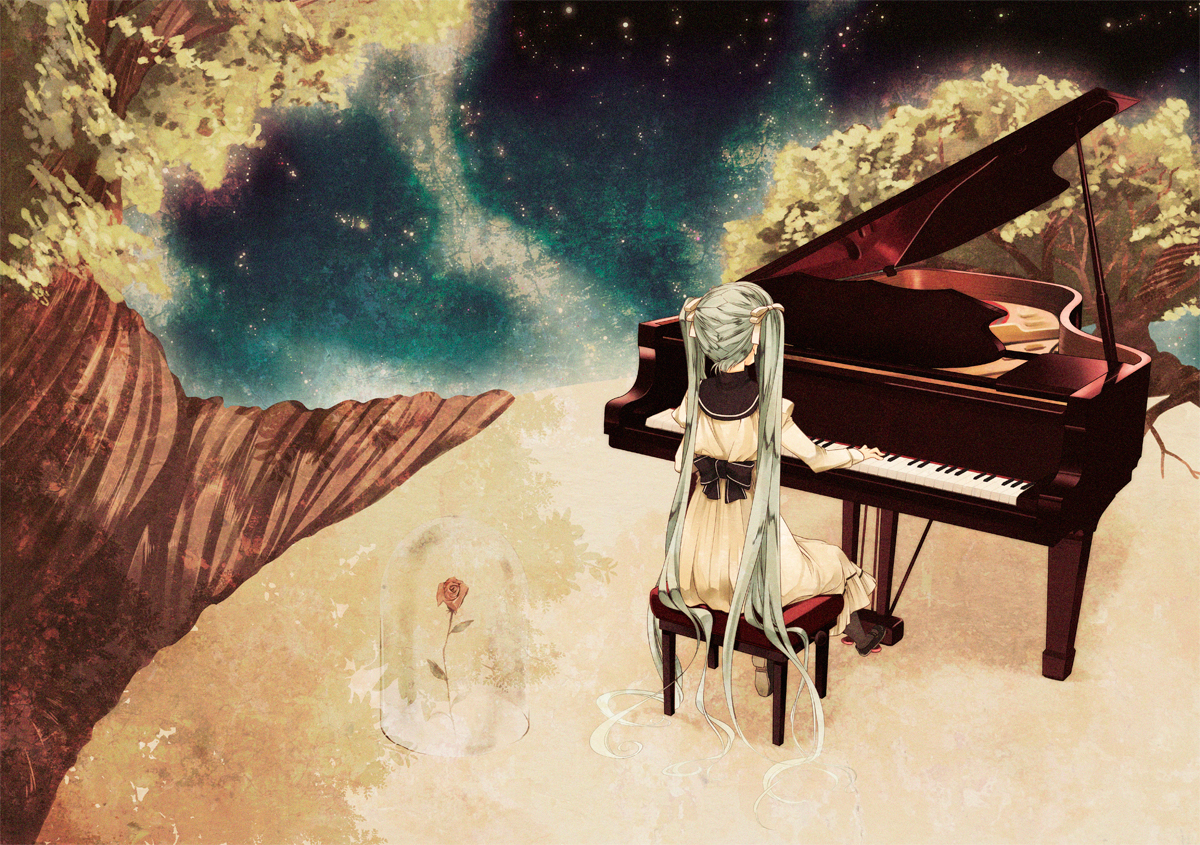kirino kasumu, shunmin, touminshitai, hatsune miku, le petit prince, vocaloid, bad id, bad pixiv id, 1girl, female focus, flower, from behind, grand piano, green hair, instrument, long hair, music, parody, piano, piano bench, playing instrument, rose, sitting, solo, tree, twintails, very long hair