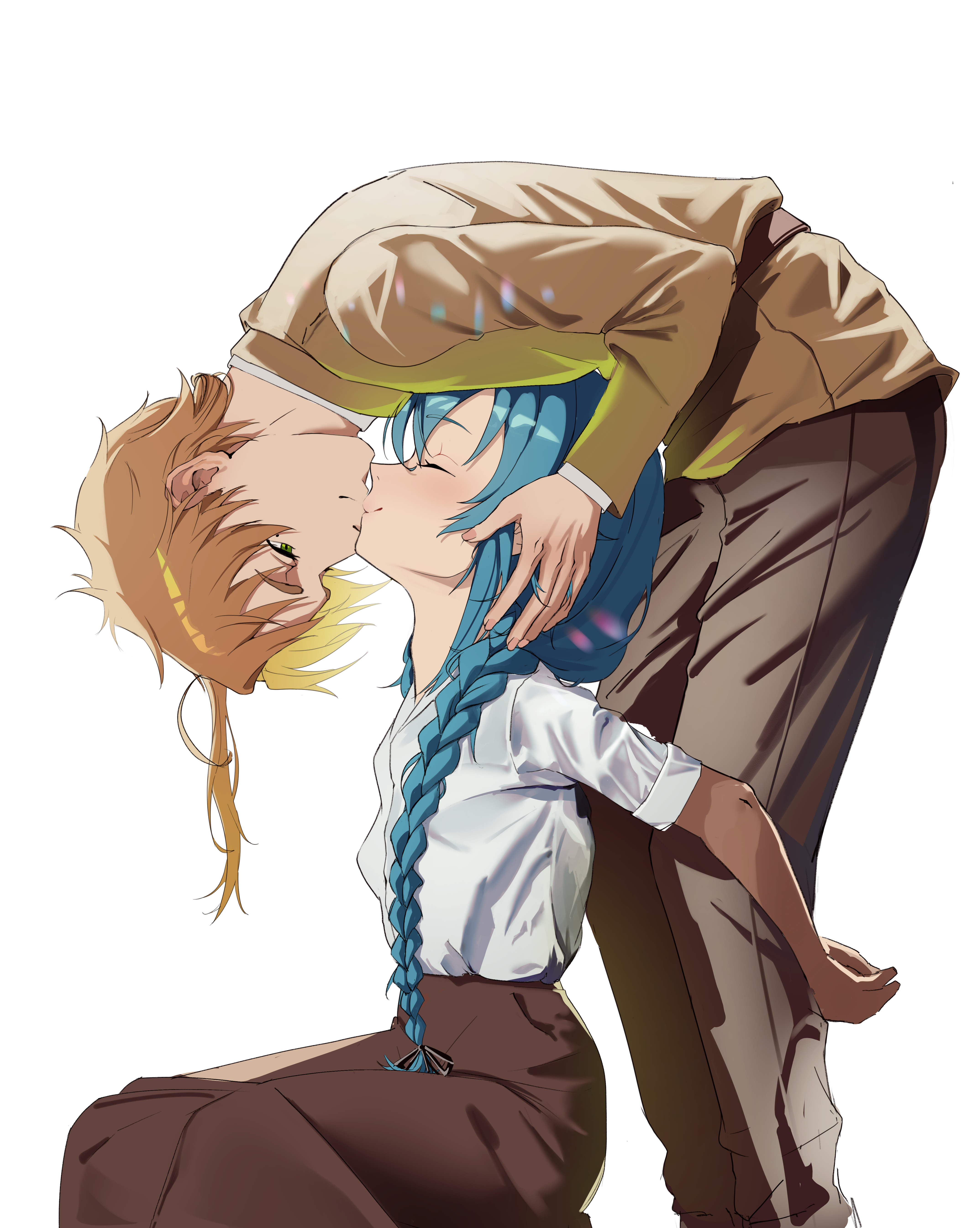 kaoru puripuri, roxy migurdia, rudeus greyrat, mushoku tensei, absurdres, commentary request, highres, 1boy, 1girl, bent over, black pants, black skirt, blonde hair, blue hair, braid, brown shirt, closed eyes, closed mouth, collared shirt, from side, grabbing another's head, grabbing from behind, green eyes, hetero, kiss, long braid, long hair, pants, pencil skirt, ponytail, profile, shirt, simple background, sitting, skirt, twin braids, white background, white shirt