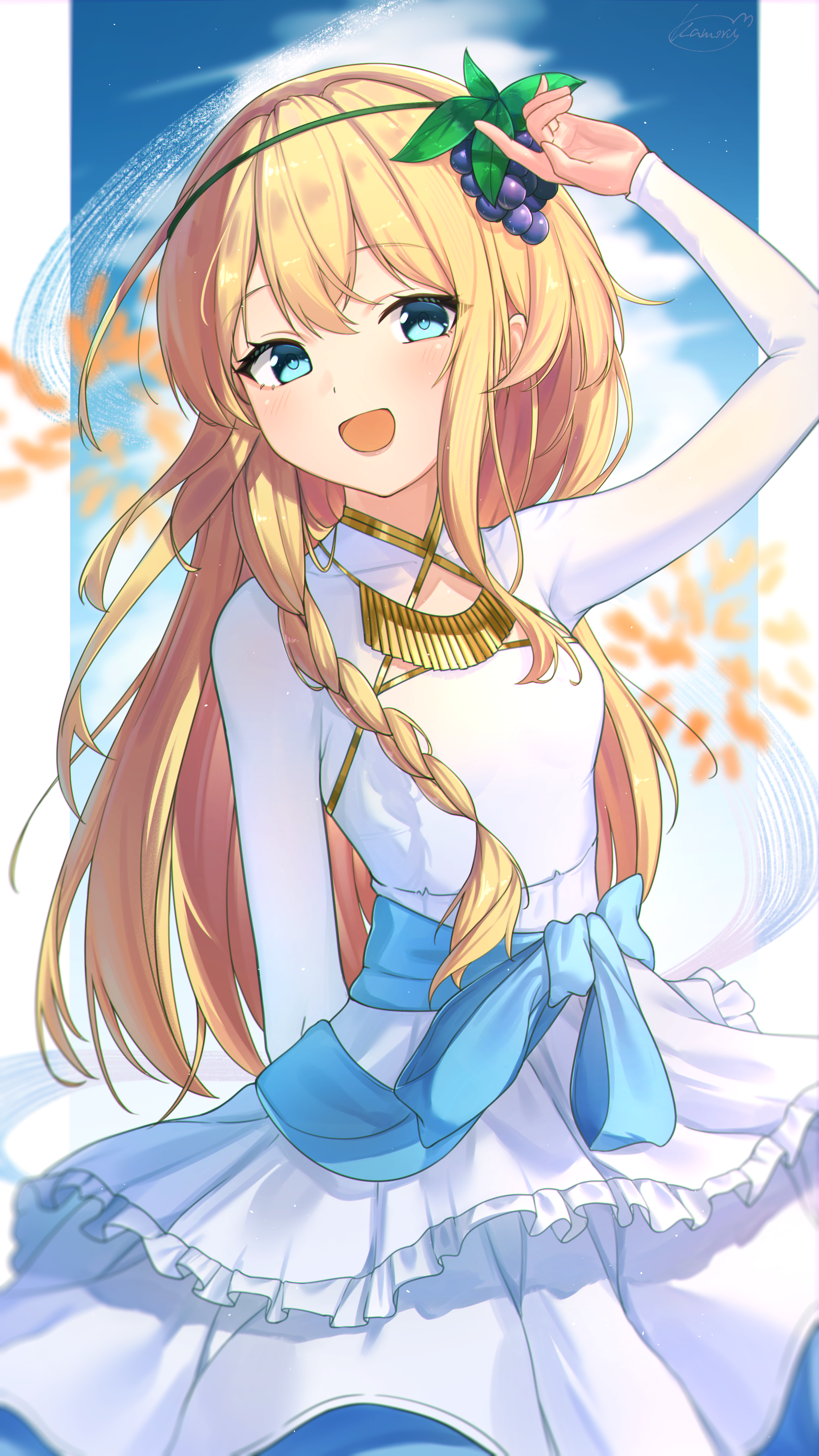 kamory, iris (konosuba), kono subarashii sekai ni shukufuku wo!, absurdres, commentary, highres, 1girl, :d, arm up, blonde hair, blue bow, blue eyes, bow, breasts, dress, food-themed hair ornament, grape hair ornament, hair ornament, jewelry, long hair, long sleeves, looking at viewer, necklace, open mouth, small breasts, smile, solo, white dress