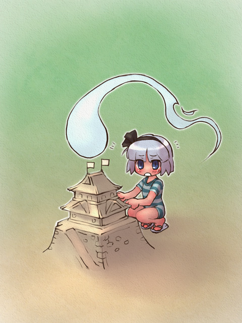 sankuma, konpaku youmu, konpaku youmu (ghost), touhou, silver hair, 1girl, blue eyes, building sand sculpture, female focus, flip-flops, hitodama, one-piece swimsuit, sand castle, sand sculpture, sandals, short hair, solo, swimsuit