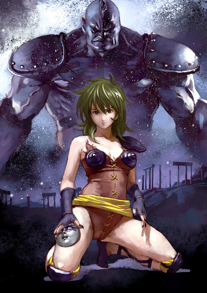itou satoshi, cassios, ophiuchus shaina, saint seiya, 1boy, 1girl, armor, black nails, breasts, cleavage, collarbone, fingernails, green eyes, green hair, kneeling, long fingernails, mask, nail polish, sharp fingernails, shoulder pads, unworn mask