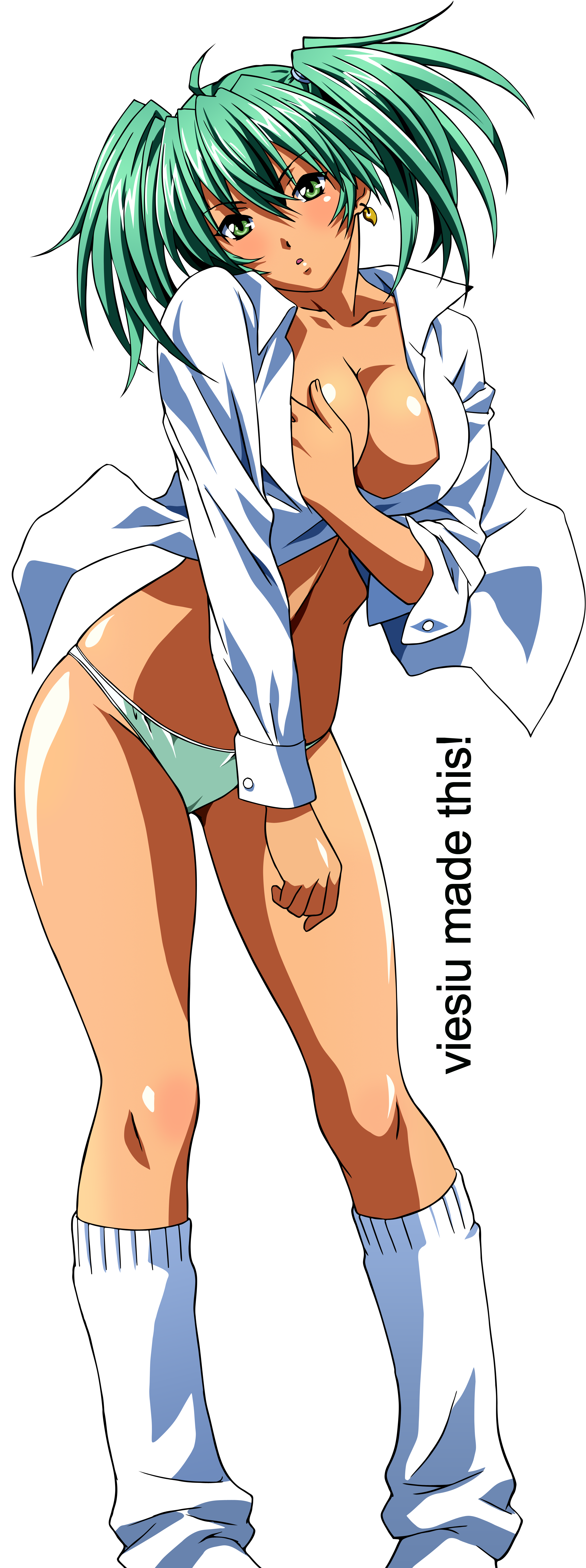 rin-sin, ryofu housen, ikkitousen, ikkitousen great guardians, absurdres, derivative work, highres, long image, tall image, vector trace, 00s, 1girl, blush, breasts, cleavage, dress shirt, earrings, female focus, full body, grabbing another's breast, green eyes, green hair, green panties, groping, head tilt, jewelry, large breasts, loose socks, magatama, matching hair/eyes, panties, shirt, socks, solo, standing, stick poster, transparent background, twintails, underwear
