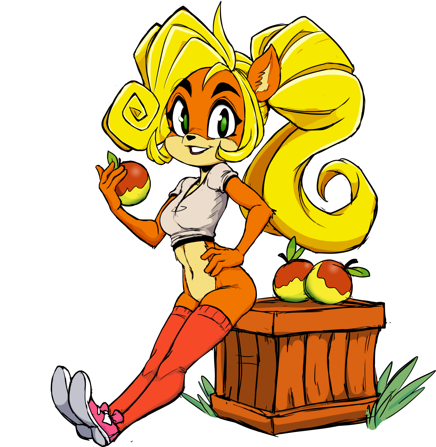 teevo, coco bandicoot, crash bandicoot (series), animal ears, blonde hair, bottomless, green eyes, long hair, looking at viewer, navel, ponytail, short jacket, simple background, sitting, socks, thighhighs, wooden box, wumpa fruit