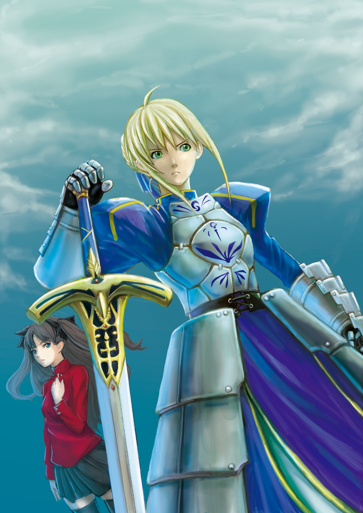 aokabigohan, artoria pendragon (fate), saber (fate), tohsaka rin, fate/stay night, fate (series), 00s, 2girls, ahoge, armor, black hair, blonde hair, blue eyes, green eyes, hair ribbon, multiple girls, ribbon, skirt, sword, thighhighs, turtleneck, twintails, two side up, weapon, zettai ryouiki