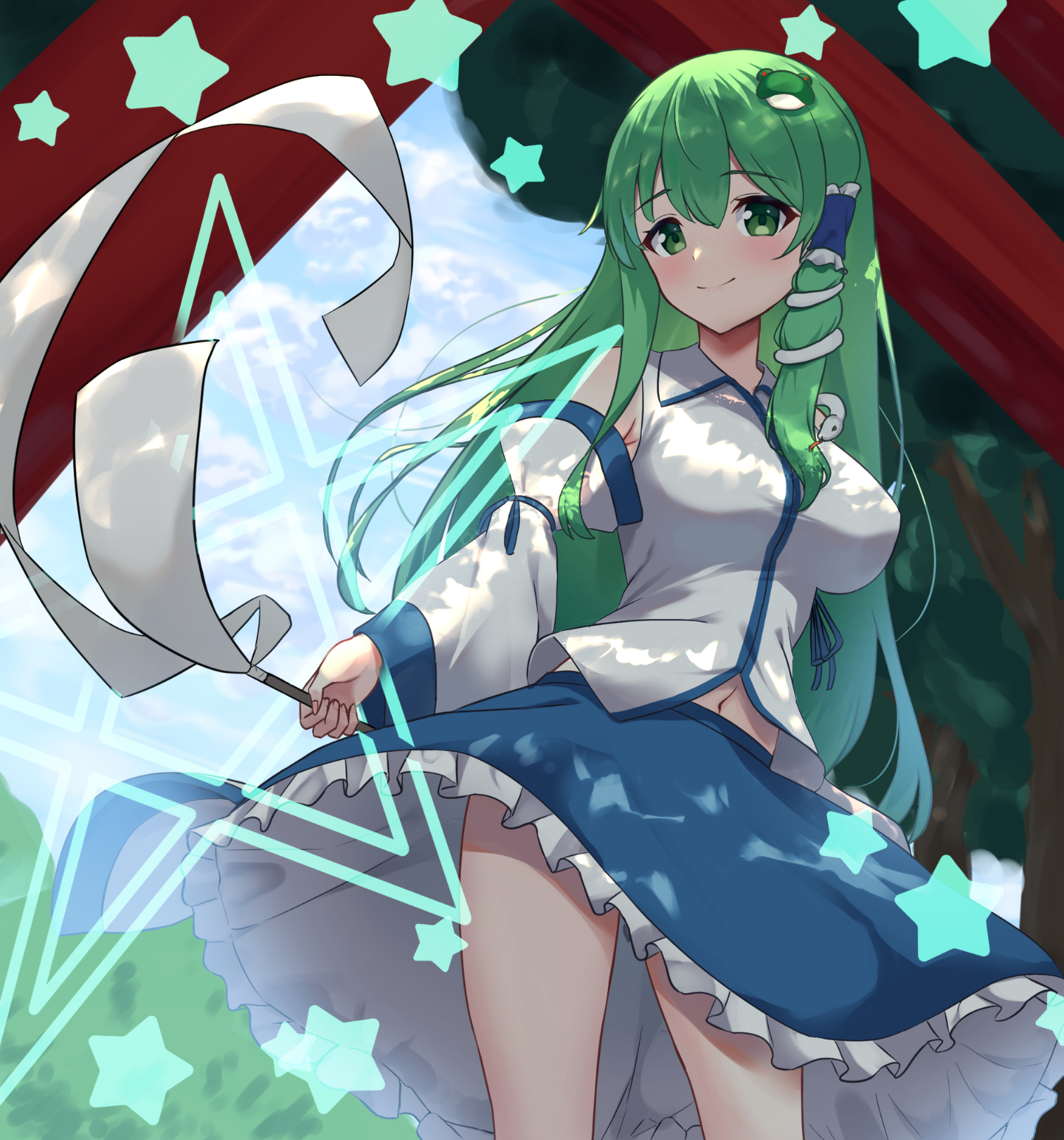 ambasa, kochiya sanae, touhou, commentary request, highres, partial commentary, 1girl, blue skirt, breasts, detached sleeves, gohei, green eyes, green hair, large breasts, midriff peek, navel, outdoors, shirt, skirt, smile, solo, star (symbol), torii, white shirt