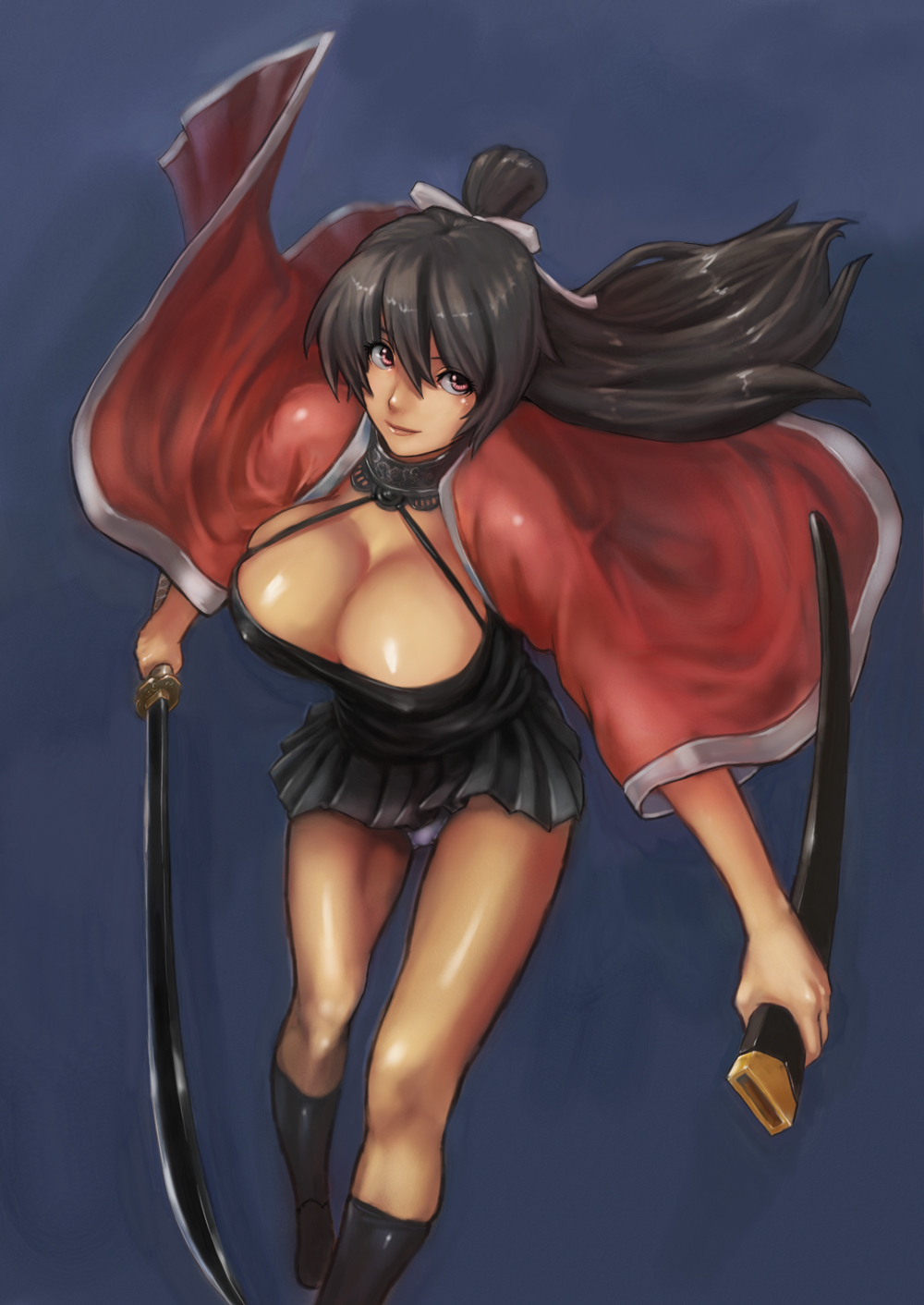 aokabigohan, original, highres, black hair, breasts, cape, cleavage, dress, hair ribbon, huge breasts, katana, long hair, panties, pantyshot, pink eyes, ponytail, ribbon, solo, sword, underwear, weapon