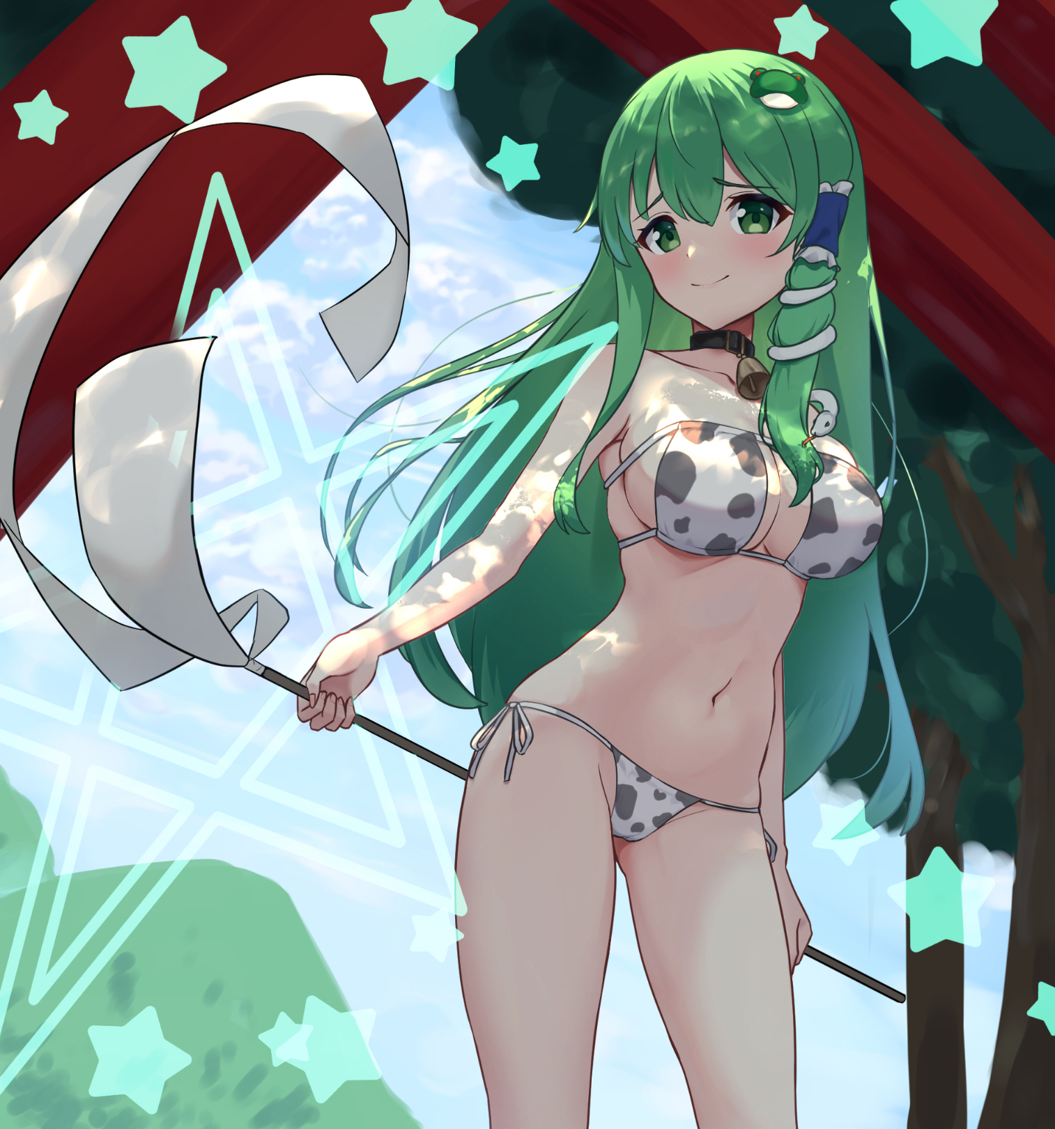 ambasa, kochiya sanae, touhou, highres, 1girl, animal print, bikini, breasts, cow print, cow print bikini, gohei, green eyes, green hair, large breasts, midriff peek, navel, outdoors, print bikini, raised inner eyebrows, side-tie bikini bottom, smile, solo, star (symbol), swimsuit, torii