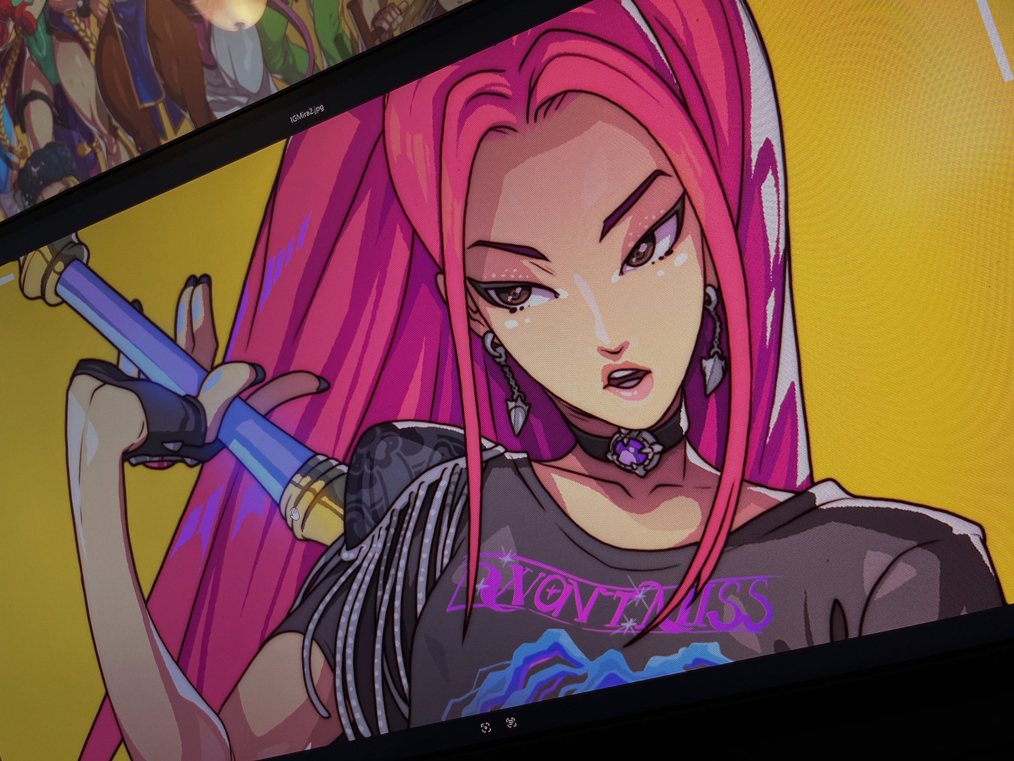 edwin huang, mira (kpop demon hunters), kpop demon hunters, commentary, english commentary, highres, 1girl, black gloves, choker, earrings, fingerless gloves, gloves, holding, holding sword, holding weapon, jewelry, looking to the side, open mouth, pink lips, sidelocks, solo, sword, twintails, upper body, weapon, yellow background