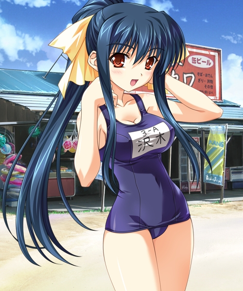 sawaki mimori, nagisano, non-web source, beach, blue hair, day, long hair, one-piece swimsuit, orange eyes, ponytail, school swimsuit, solo, swimsuit
