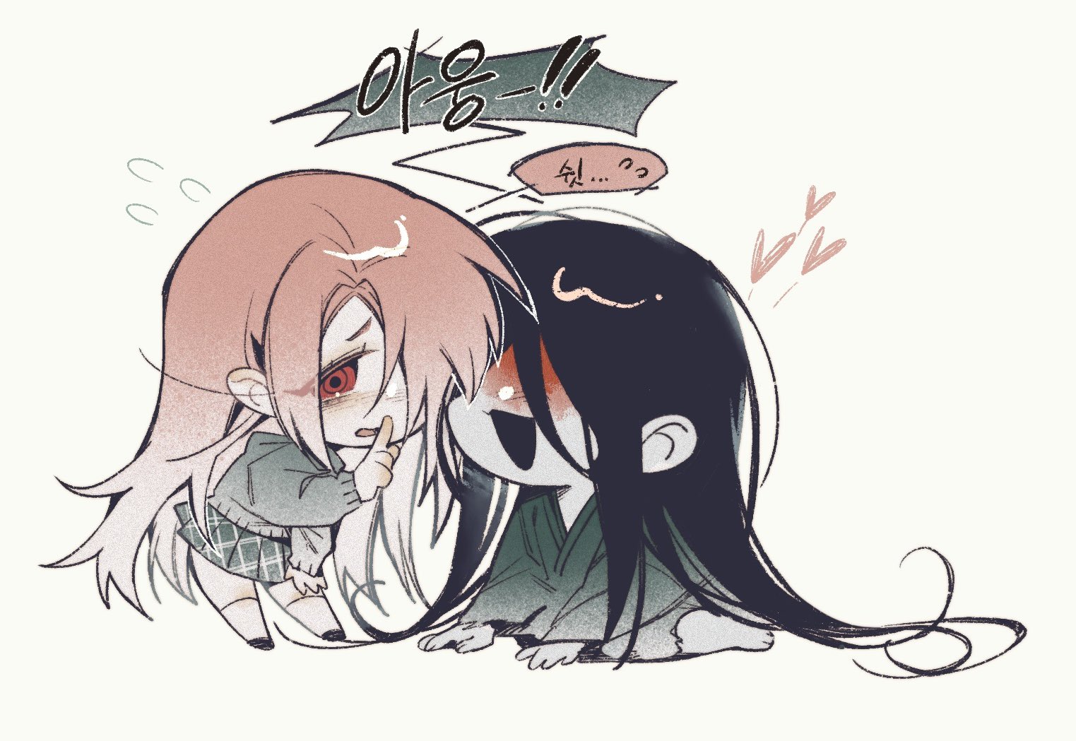 sweeeet him, adashino adami, mr. crawling, homicipher, commentary request, korean commentary, translation request, black hair, black kimono, blood, blood on face, borrowed character, chibi, finger to mouth, flying sweatdrops, green background, grey sweater, hair over one eye, japanese clothes, kimono, korean text, long hair, loving aura, pink hair, red eyes, ringed eyes, simple background, skirt, sweater, very long hair