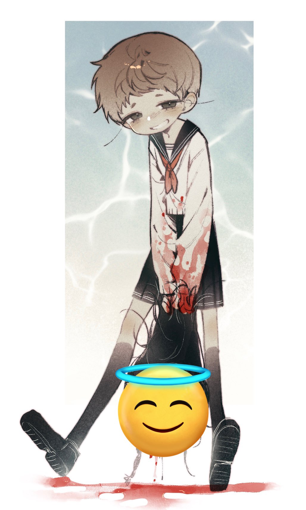 sweeeet him, adashino adami, homicipher, commentary request, highres, korean commentary, 1girl, black eyes, blood, blood on clothes, blood on ground, blood on hands, blue background, brown hair, censored, emoji, emoji censor, grin, holding detached head, kneehighs, looking at viewer, refraction, school uniform, serafuku, severed head, short hair, skirt, smile, socks, solo, standing