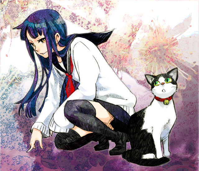 kigi tatsumi, original, bad id, bad pixiv id, 1girl, bell, blue hair, cat, collar, female focus, long hair, neck bell, school uniform, serafuku, skirt, solo, squatting, thighhighs, yellow eyes, zettai ryouiki