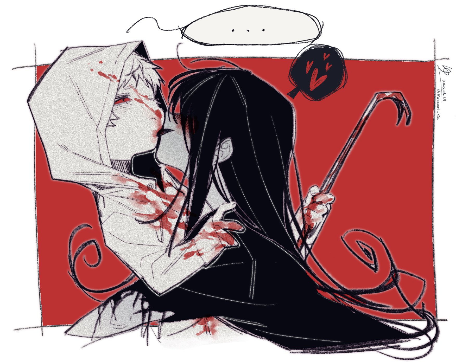 sweeeet him, adashino adami, mr. crawling, homicipher, commentary request, highres, korean commentary, 1boy, 1girl, blood, blood on clothes, blood on face, blood on hands, bloody weapon, crowbar, hetero, holding, holding crowbar, hood, hood up, japanese clothes, kimono, licking, licking another's face, long hair, raincoat, red background, red eyes, short hair, simple background, spot color, very long hair, weapon