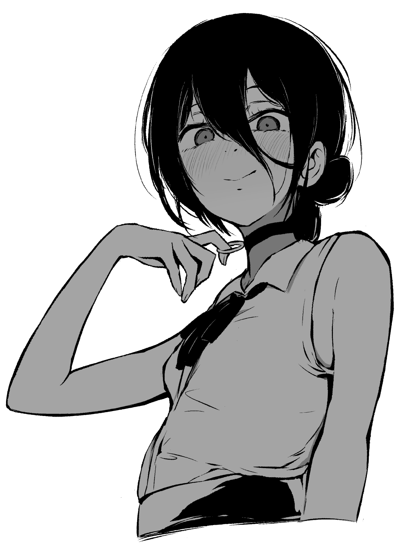 mizuno cho, reze (chainsaw man), chainsaw man, commentary request, highres, partial commentary, 1girl, bare arms, blush, breasts, choker, collared shirt, cropped torso, from below, grenade pin, greyscale, hair between eyes, hair bun, long hair between eyes, monochrome, neck ribbon, pointy ears, ribbon, shirt, simple background, single side bun, sleeveless, sleeveless shirt, small breasts, smile, solo, upper body, white background