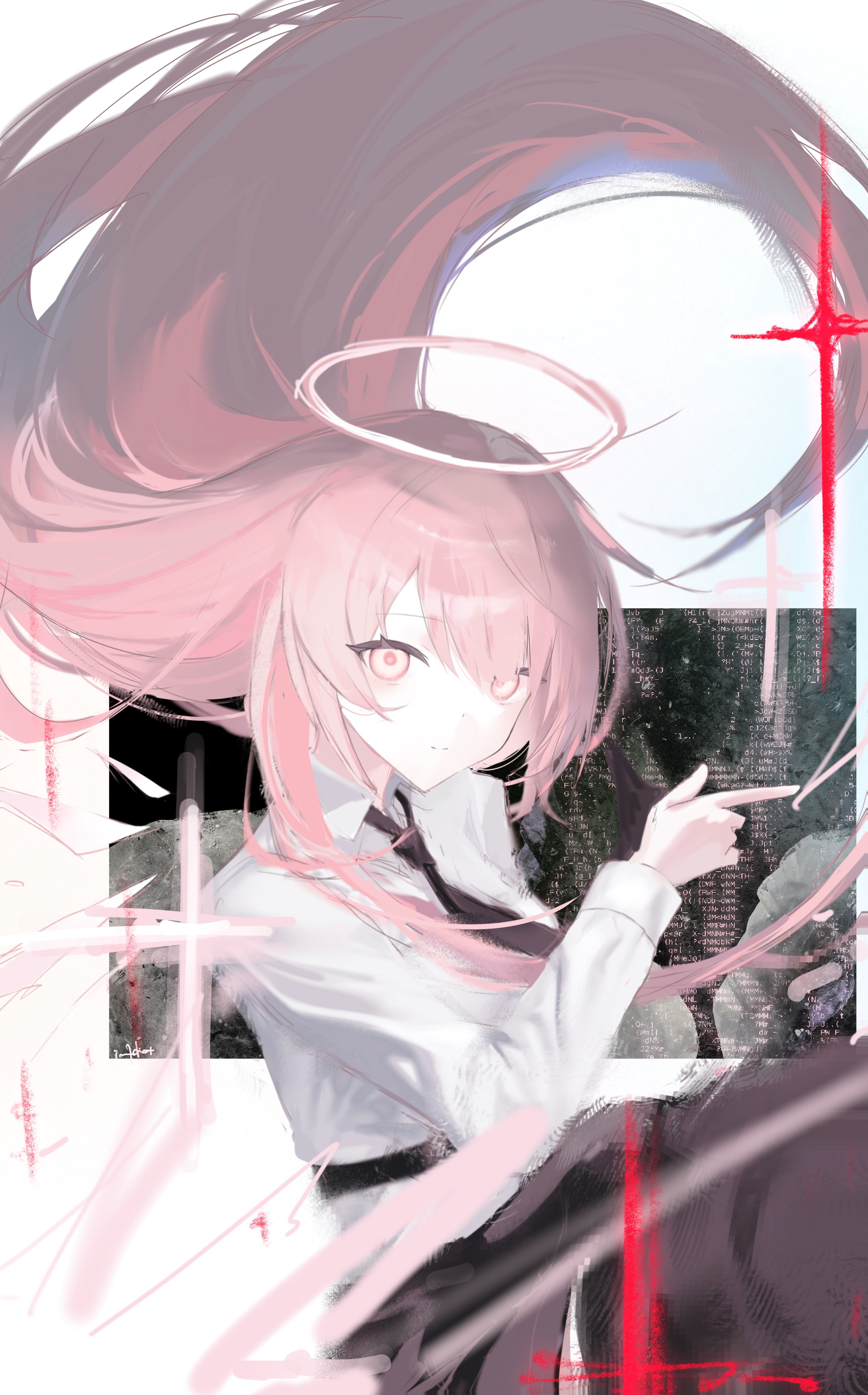 im 1diot, lemuen (arknights), arknights, absurdres, highres, 1girl, black dress, black necktie, detached wings, dot nose, dress, energy wings, finger gun, floating hair, hair between eyes, halo, lemuen (elite ii) (arknights), light smile, long hair, long sleeves, looking at viewer, necktie, pink eyes, pink hair, pink halo, shirt, solo, traditional halo, white shirt, wings