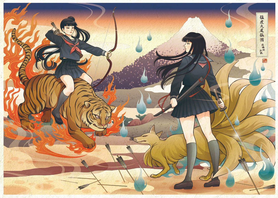 nadeshiko rin, original, soshu umezawanosho, brown footwear, grey legwear, photoshop (medium), translated, 2girls, arrow (projectile), black hair, blunt bangs, bow (weapon), fine art parody, fox, full body, hitodama, katana, loafers, long hair, mount fuji, mountain, multiple girls, nihonga, outdoors, parody, planted, planted arrow, riding, school uniform, serafuku, shoes, socks, standing, sword, tiger, ukiyo-e, very long hair, weapon