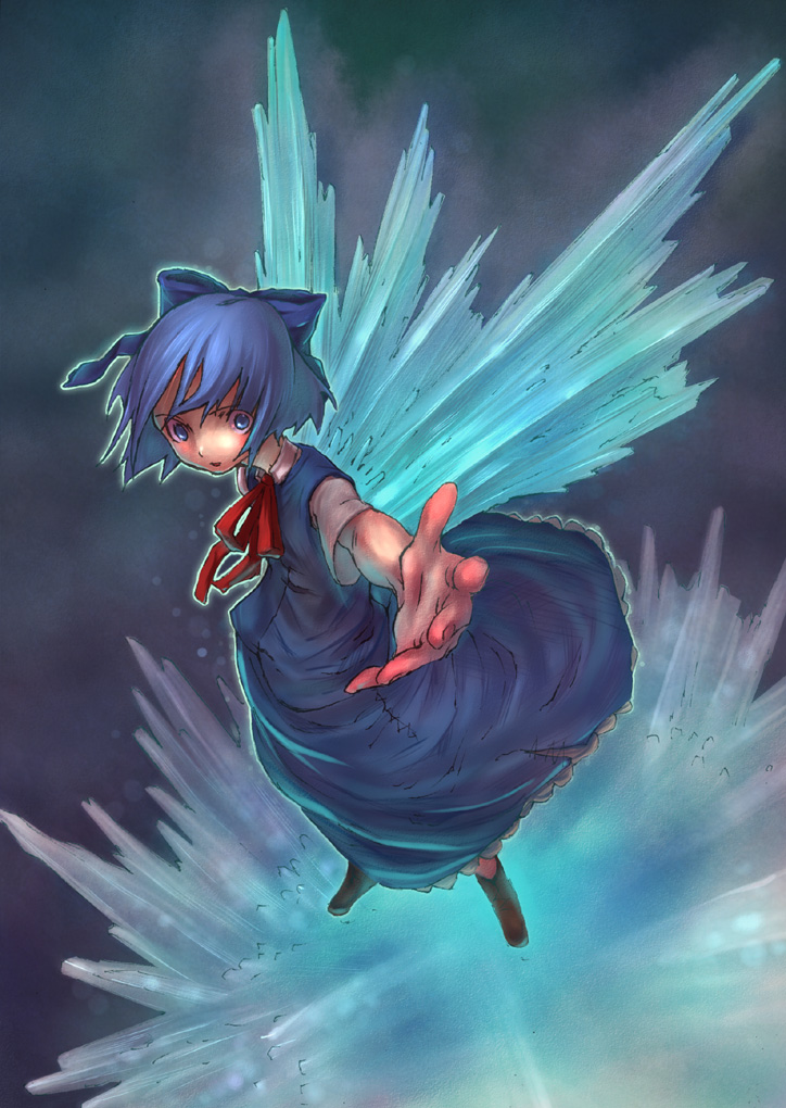 sankuma, cirno, embodiment of scarlet devil, touhou, 1girl, blue eyes, blue hair, dress, female focus, full body, gradient background, matching hair/eyes, short hair, solo, wings