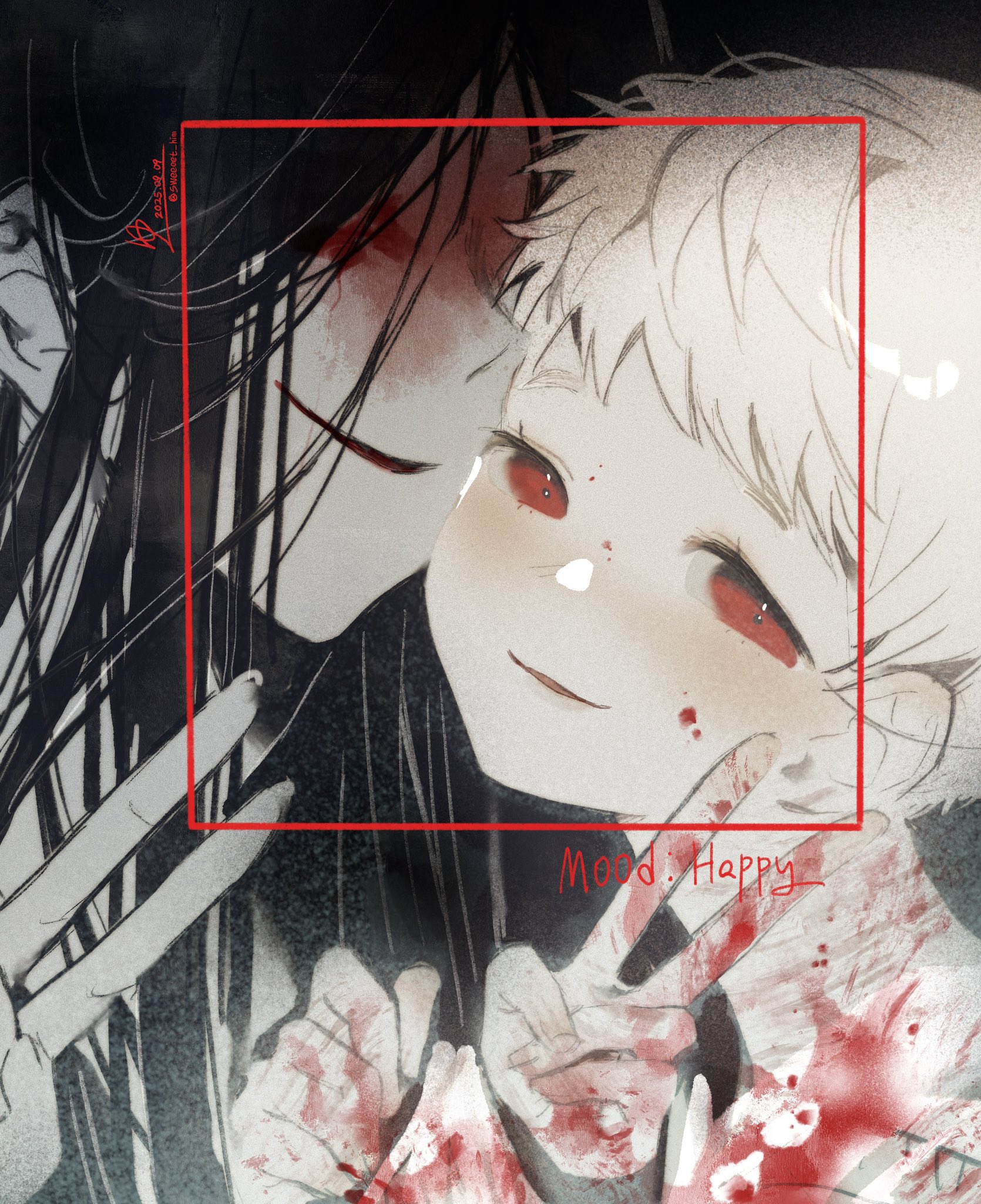 sweeeet him, adashino adami, mr. crawling, homicipher, highres, 1boy, 1girl, black hair, blonde hair, blood, blood on face, blood on hands, english text, facial recognition, hand up, long hair, looking at viewer, red eyes, short hair, sweater, v