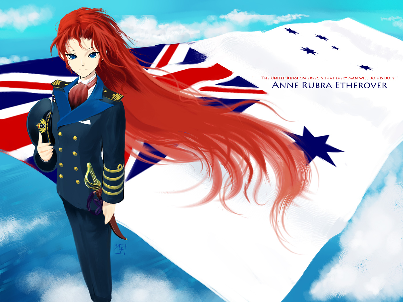 alf874, original, bad id, bad pixiv id, 1girl, australia, blue eyes, english text, female focus, flag, long hair, military, military uniform, red hair, solo, union jack, very long hair, wind