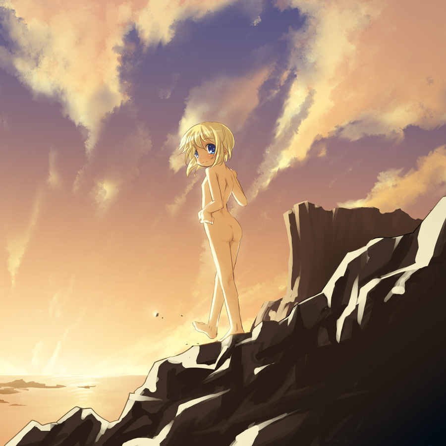 broiler, original, bad id, bad pixiv id, 1girl, ass, barefoot, blonde hair, blue eyes, blush, cliff, cloud, feet, female focus, flat chest, light smile, loli, looking back, nature, nude, ocean, outdoors, short hair, sky, solo, sunset, toes, zenra