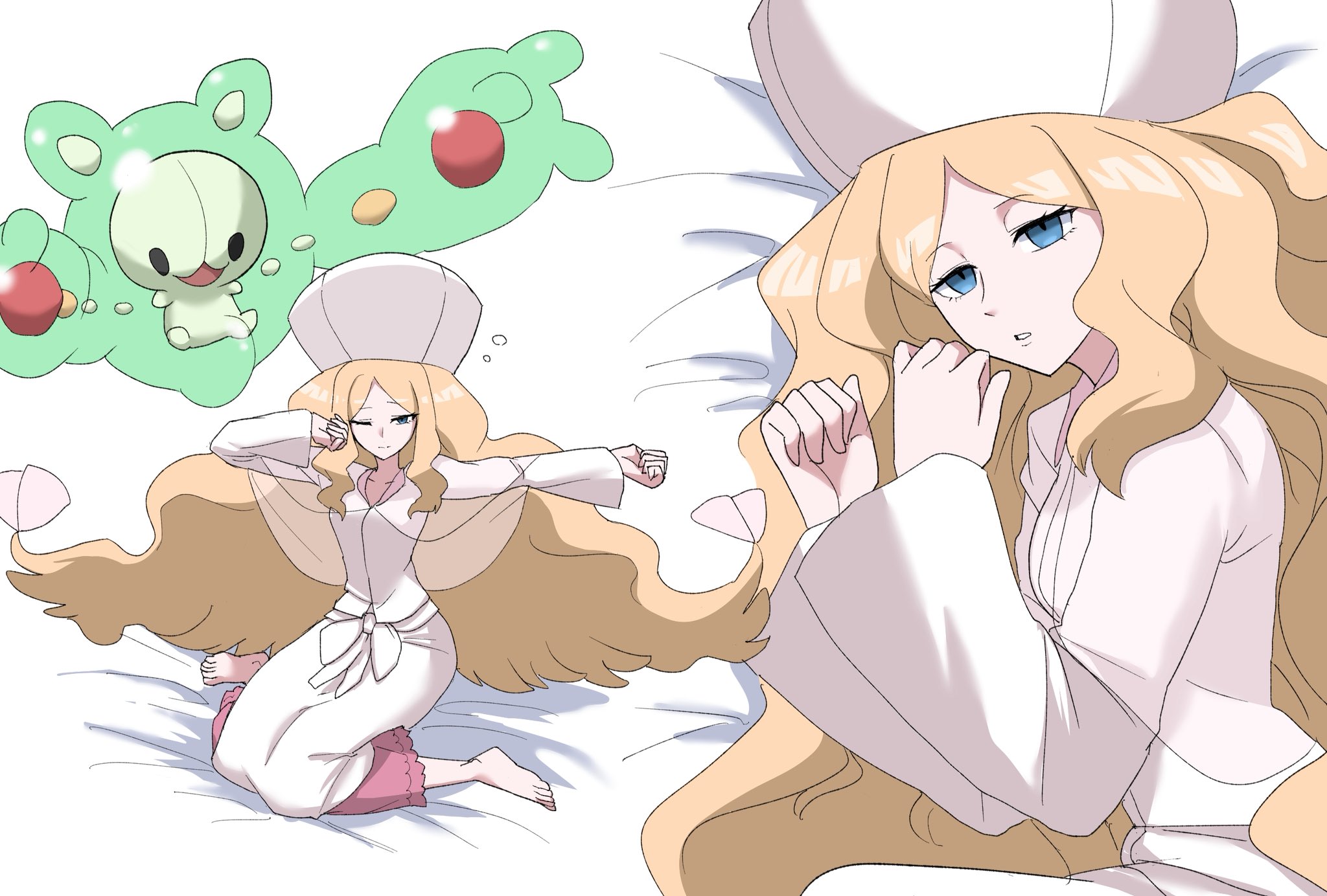 nasu (ilo a5), caitlin (pokemon), reuniclus, nintendo, pokemon, pokemon bw, highres, 1girl, barefoot, bed, blonde hair, blue eyes, dress, gen 5 pokemon, hat, long hair, long sleeves, looking at viewer, multiple views, on bed, one eye closed, parted bangs, pokemon (creature), sitting, sleepy, stretching, very long hair, waking up, wariza, white dress, white hat
