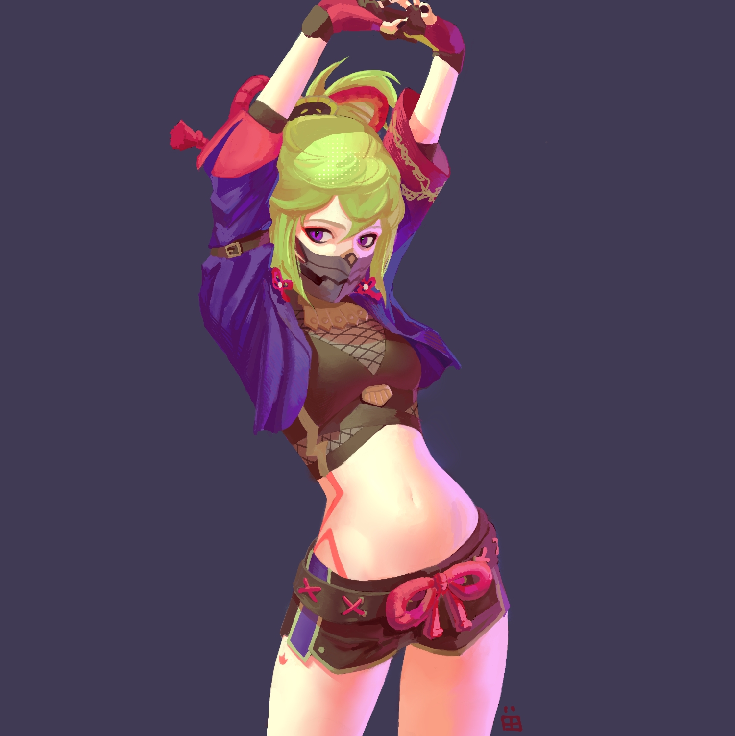kuki shinobu, genshin impact, highres, 1girl, arms up, belt, black shorts, breasts, covered mouth, fingerless gloves, gloves, green hair, hair between eyes, hair ornament, jacket, layered gloves, looking at viewer, mask, medium breasts, medium hair, midriff, mouth mask, nail polish, navel, ninja, ninja mask, partially fingerless gloves, ponytail, purple background, purple eyes, purple jacket, purple nails, purple rope, rope, shorts, shyoshima, simple background, solo