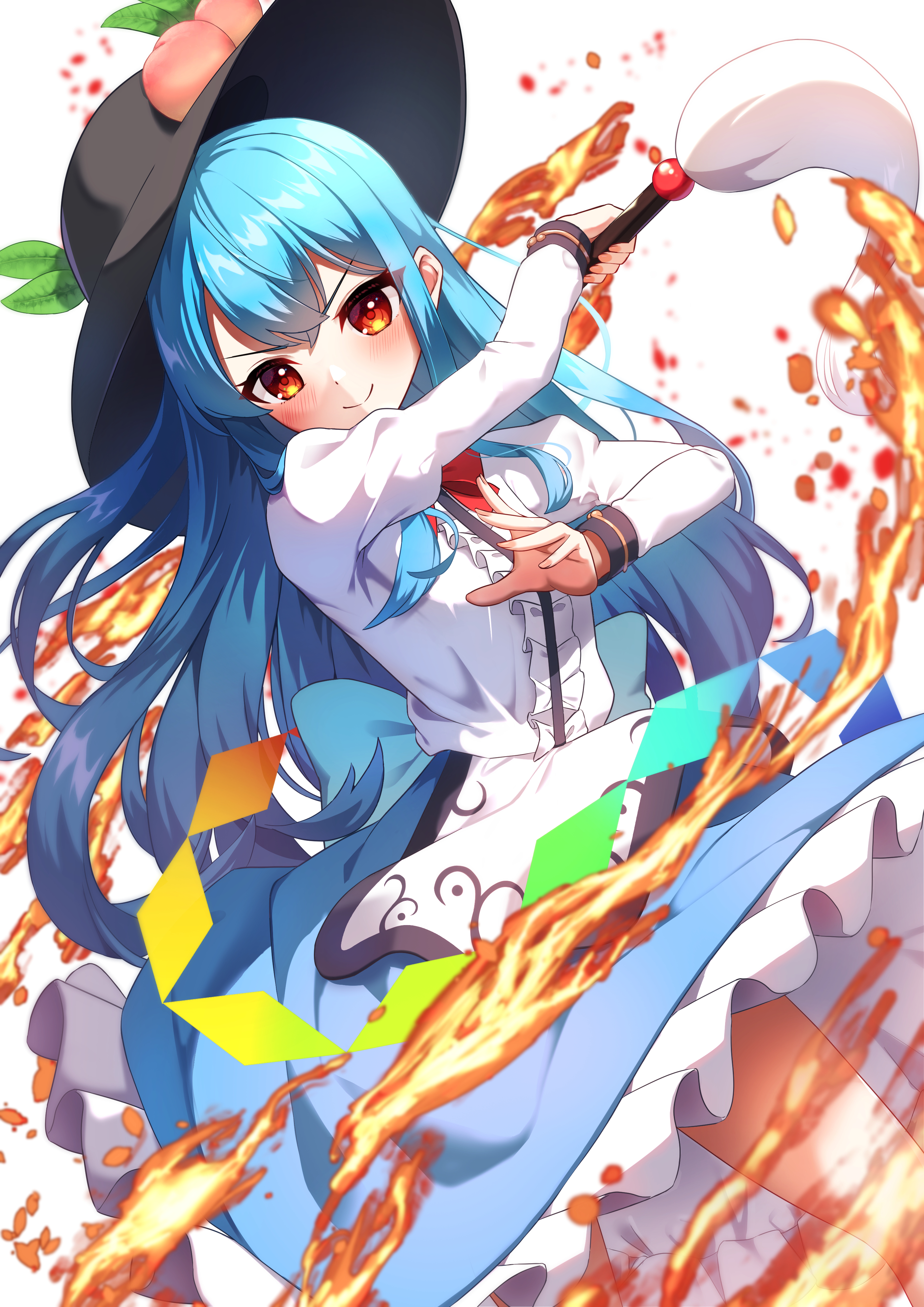 ambasa, hinanawi tenshi, touhou, absurdres, highres, 1girl, black hat, blue hair, blue skirt, fire, hat, long hair, looking at viewer, peach hat ornament, red eyes, shirt, simple background, skirt, smile, solo, sword of hisou, white background, white shirt