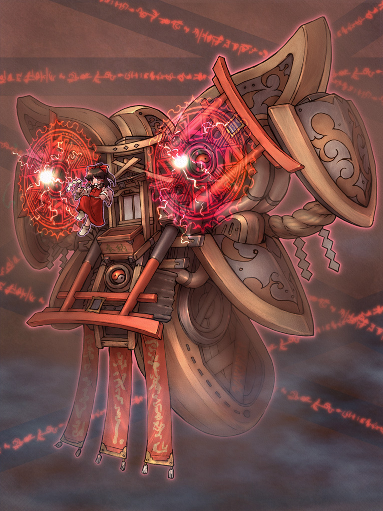 sankuma, hakurei reimu, neue ziel, gundam, gundam 0083, touhou, 1girl, box, brown hair, donation box, female focus, flying, gohei, japanese clothes, magic circle, mecha, miko, robot, shrine, socks, solo, torii, yin yang