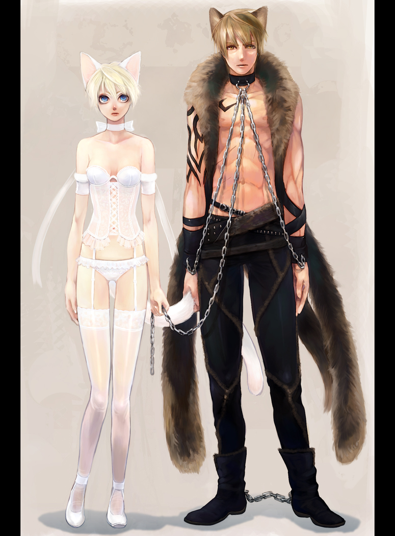 piyo, original, 1boy, 1girl, animal ears, belt, blonde hair, blue eyes, breasts, brown eyes, brown hair, bustier, cat ears, cat tail, chain, collar, couple, creepy, denim, dog ears, dog tail, garter belt, hetero, holding another's tail, jeans, lingerie, panties, pants, ribbon, short hair, small breasts, tail, tail grab, thighhighs, underwear, underwear only, white bustier