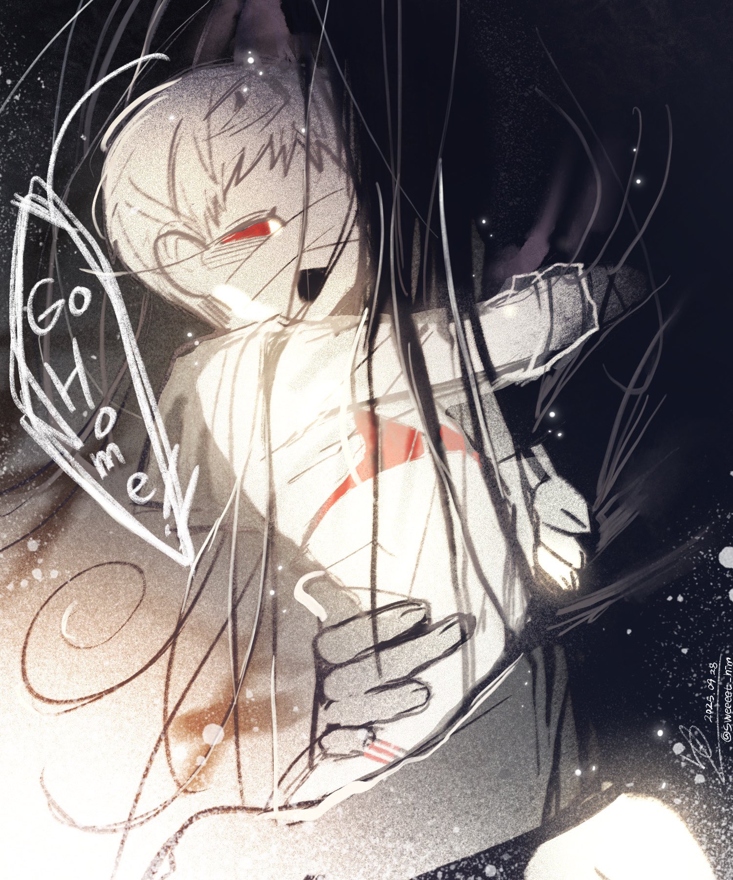 sweeeet him, adashino adami, mr. crawling, homicipher, commentary, english commentary, highres, 1boy, 1girl, bikini, black hair, black kimono, english text, hug, japanese clothes, kimono, long hair, looking at viewer, raincoat, red bikini, red hair, see-through clothes, see-through raincoat, short hair, swimsuit, very long hair, white hair