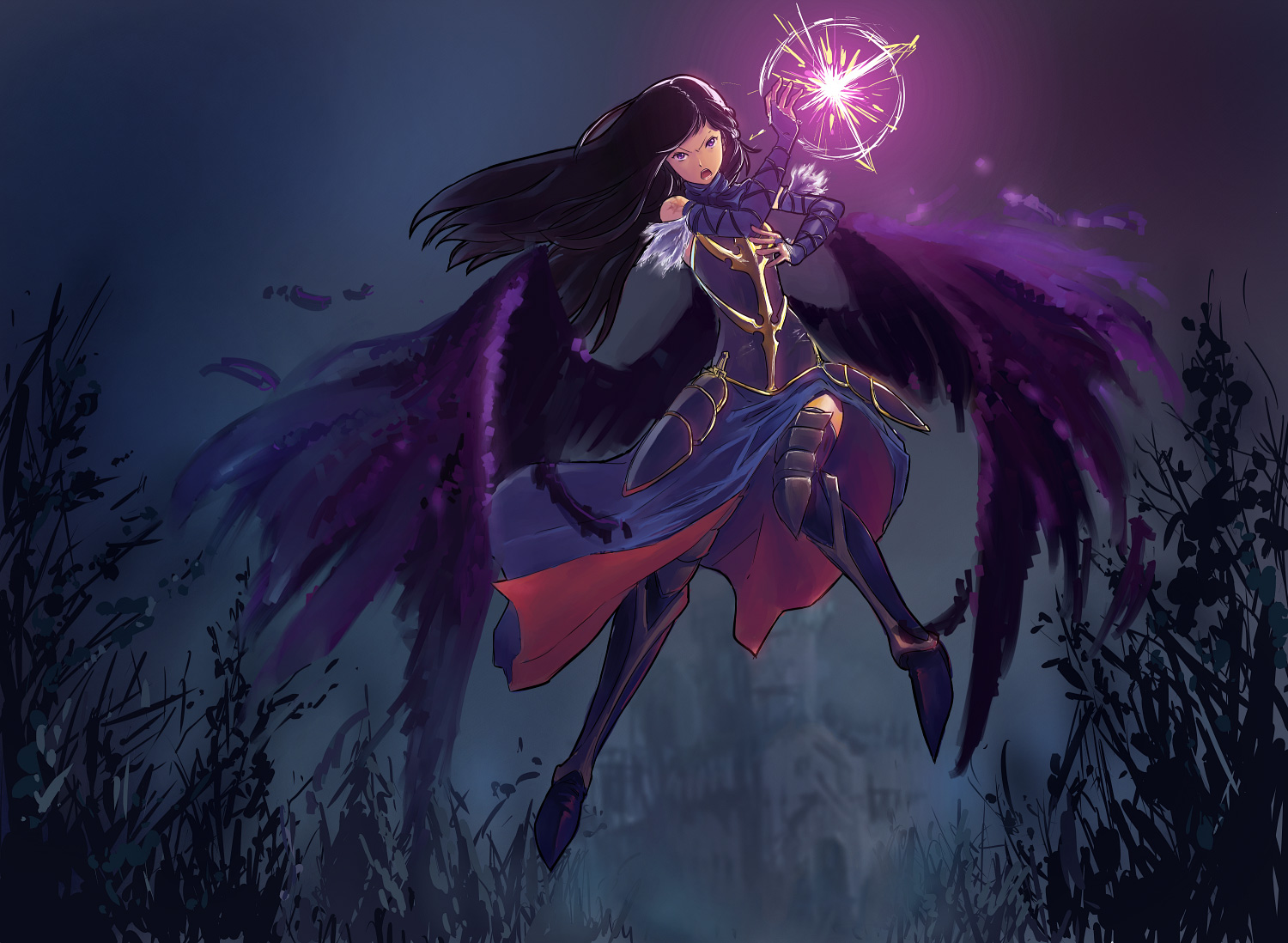 zeta (hyperz), shanoa (castlevania), castlevania: order of ecclesia, castlevania (series), konami, 1girl, armor, bare shoulders, black hair, black wings, boots, dress, feathers, female focus, long hair, magic, solo, thigh boots, thighhighs, wings