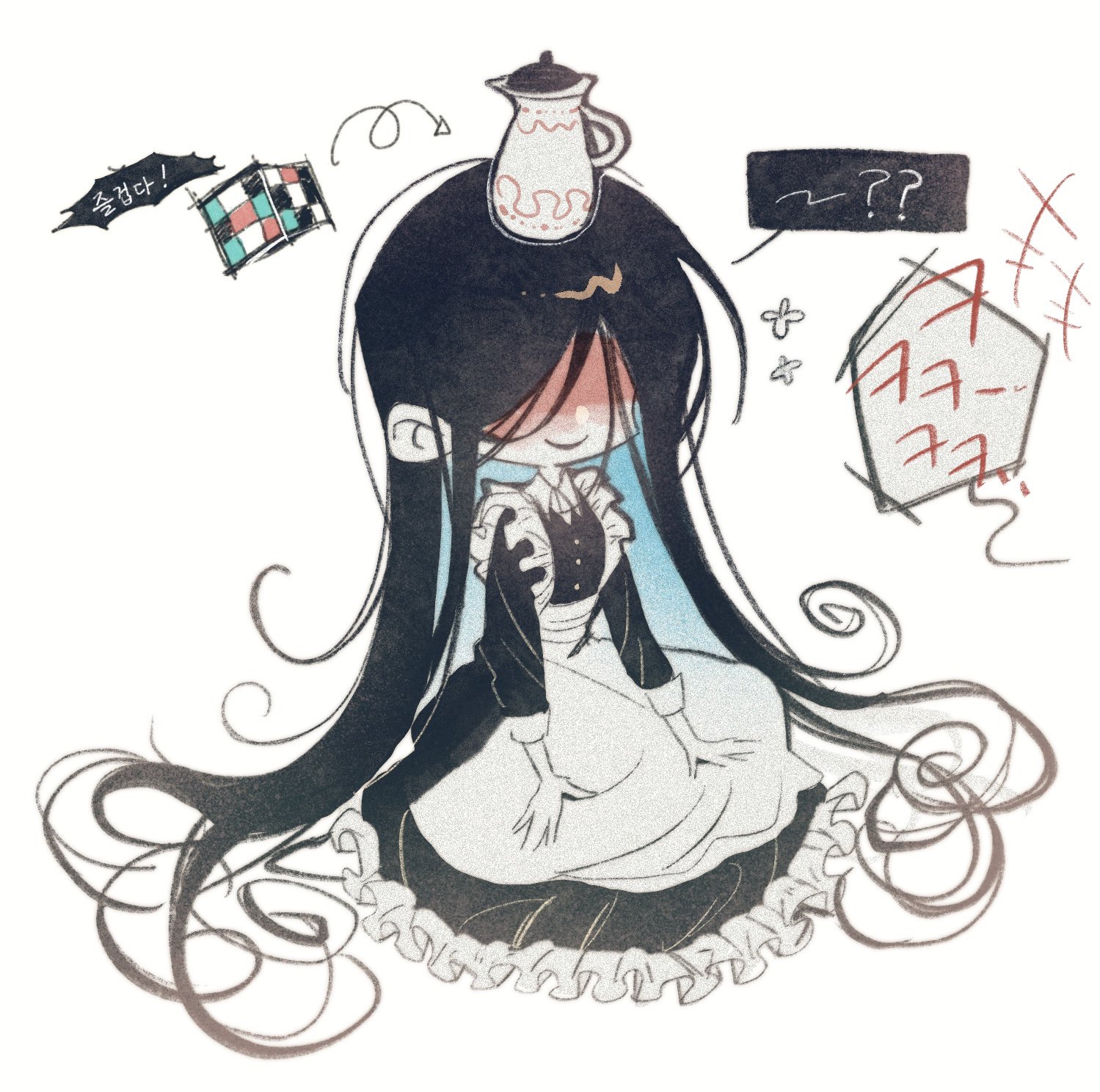 sweeeet him, mr. crawling, homicipher, commentary request, highres, korean commentary, translation request, 1boy, apron, black dress, black hair, blood, blood on face, deformed, dress, korean text, long hair, maid apron, male focus, rubik's cube, simple background, teapot, very long hair, white background