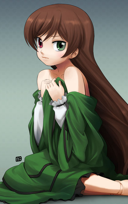 nagian, suiseiseki, rozen maiden, 00s, bare shoulders, barefoot, brown hair, doll joints, dress, heterochromia, joints, long hair, solo, undressing
