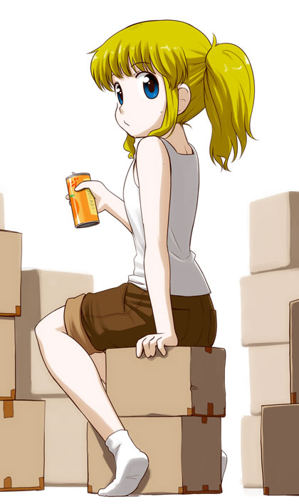 nagian, original, blonde hair, blue eyes, box, can, juice, looking back, ponytail, sitting, socks, solo