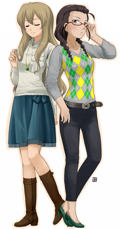 nagian, kimura takako, ookouchi shino, kannagi, green footwear, 00s, 2girls, ahoge, argyle clothes, argyle sweater, belt, black hair, boots, bow, braid, brown hair, casual, drill hair, forehead, full body, glasses, high heels, jewelry, long hair, multiple girls, necklace, shoes, skirt, standing, sweater, twin braids