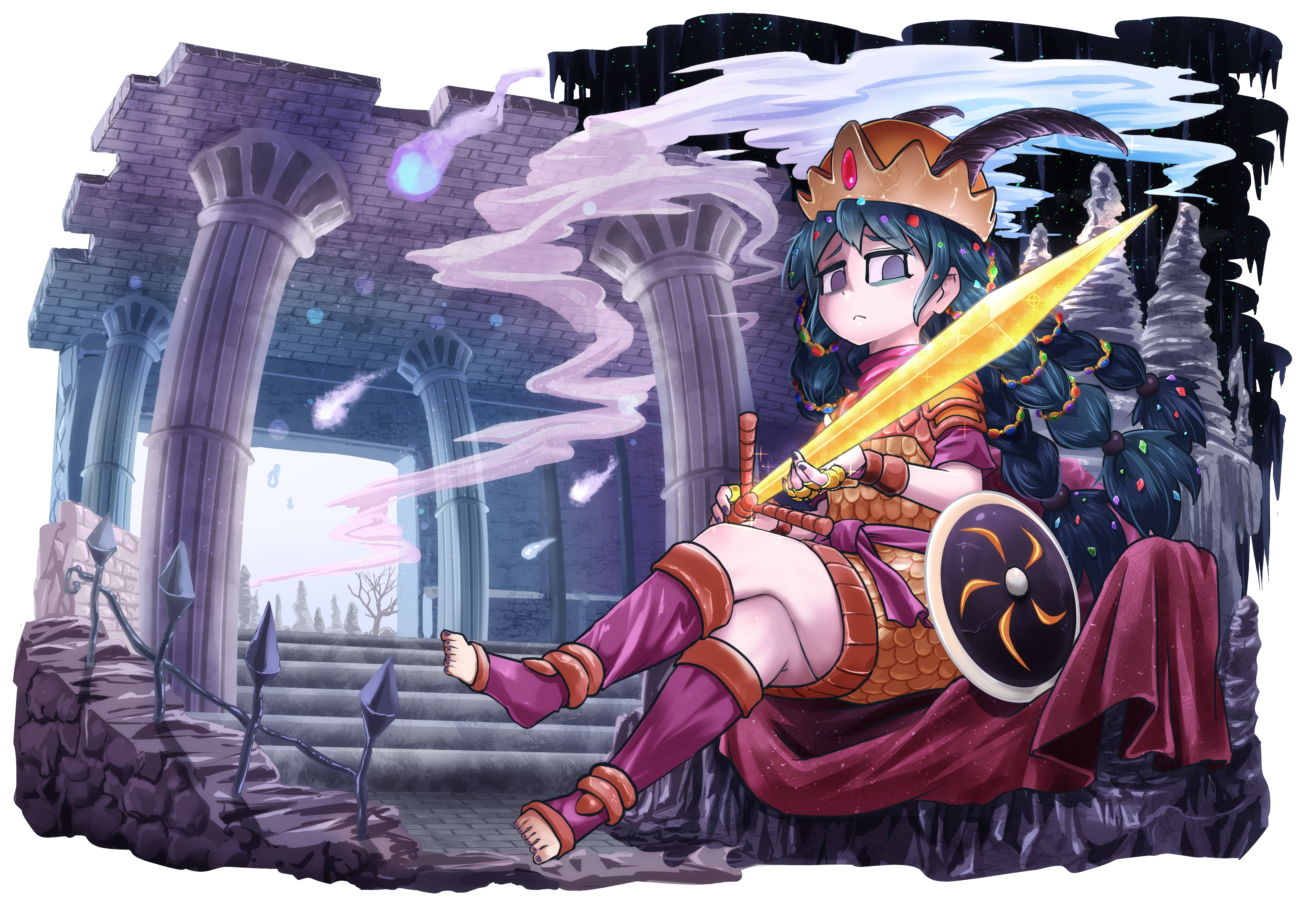 chamaji, absurdres, commission, highres, third-party source, 1girl, armor, black hair, bracer, braid, closed mouth, crossed legs, dominions, dot nose, ea ashdod, extra digits, fog, frown, gem, gem hair ornament, gold ring, gold weapon, hat, hitodama, holding, holding sword, holding weapon, horns, long hair, looking at viewer, multiple braids, purple eyes, purple sash, purple shirt, purple socks, ruins, sash, scale armor, shield, shirt, sitting, socks, solo, spikes, stairs, stalagmite, stone pillar, stone wall, sword, tree, weapon