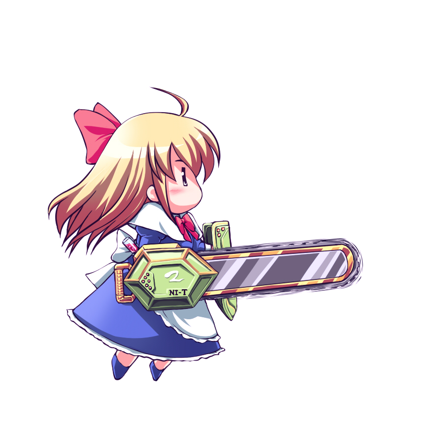 tdk, shanghai doll, touhou, 1girl, ahoge, blonde hair, chainsaw, doll, female focus, full body, shield, simple background, solo, white background