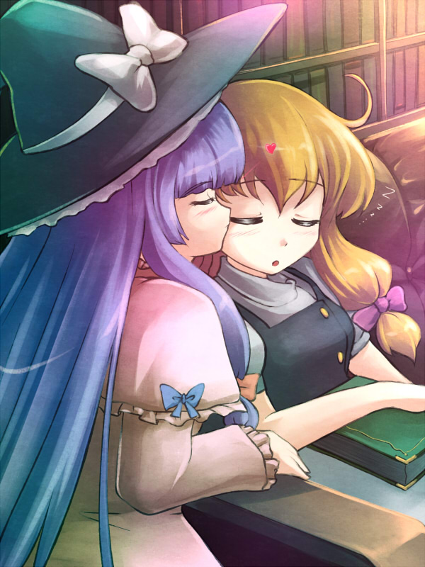 tdk, kirisame marisa, patchouli knowledge, touhou, 2girls, blonde hair, book, bookshelf, borrowed clothes, couch, female focus, hat, headwear switch, kiss, long hair, multiple girls, purple hair, sleeping, witch, witch hat, yuri