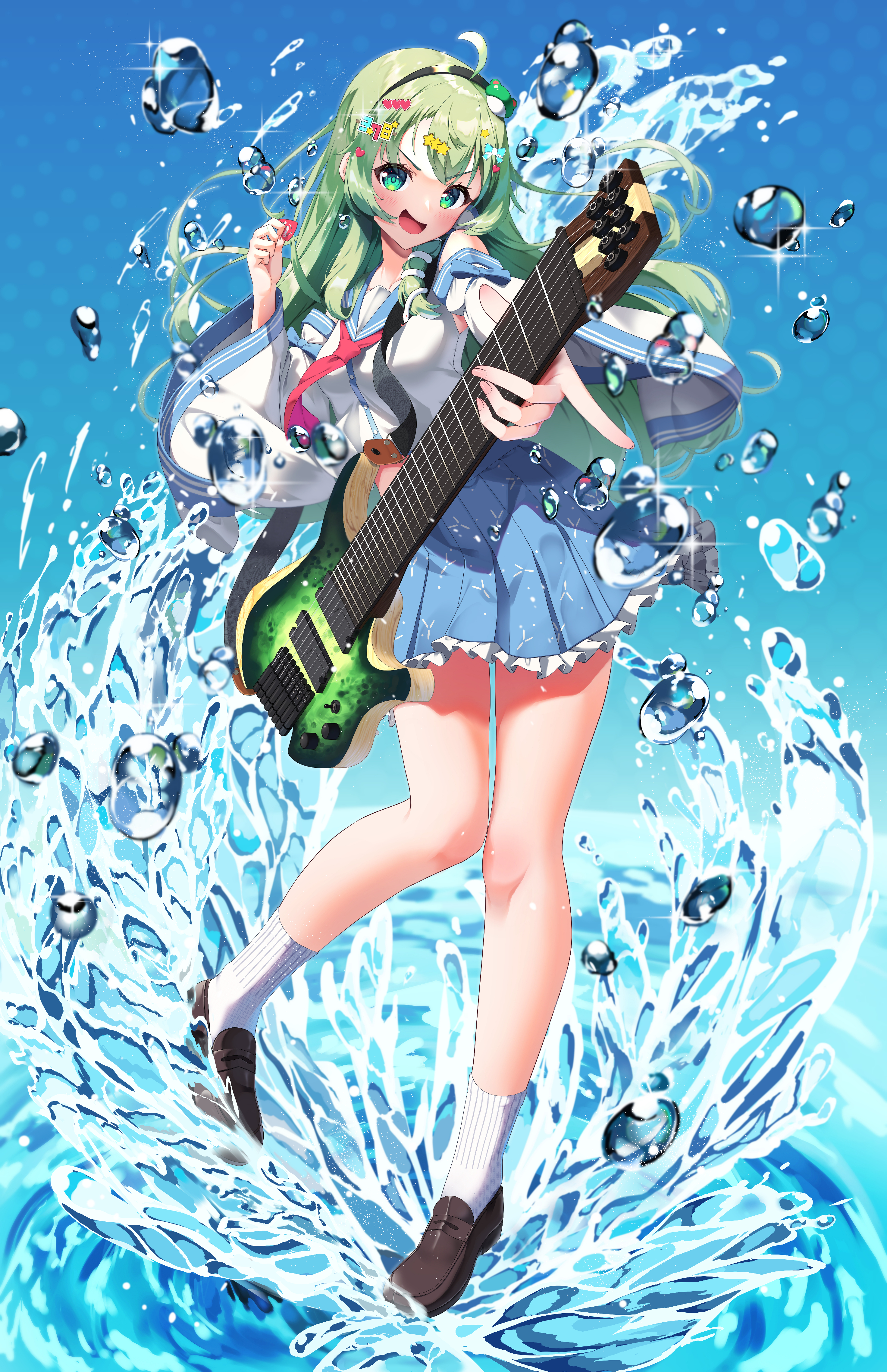 ambasa, kochiya sanae, touhou, absurdres, highres, 1girl, 8-string guitar, adapted costume, ahoge, blue skirt, breasts, detached sleeves, electric guitar, extended range guitar, green eyes, green hair, guitar, hairband, headless instrument, instrument, loafers, long hair, medium breasts, open mouth, plectrum, school uniform, serafuku, shirt, shoes, skirt, smile, socks, solo, water, water drop, white shirt, white socks