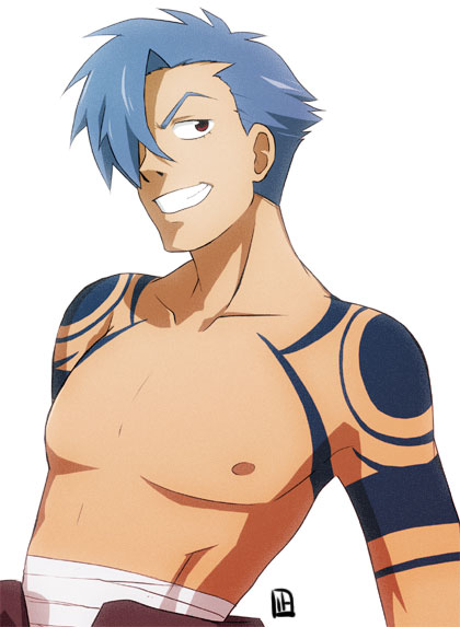 nagian, kamina (ttgl), tengen toppa gurren lagann, 00s, 1boy, bandages, blue hair, bodypaint, grin, male focus, simple background, smile, solo, topless male, upper body, white background