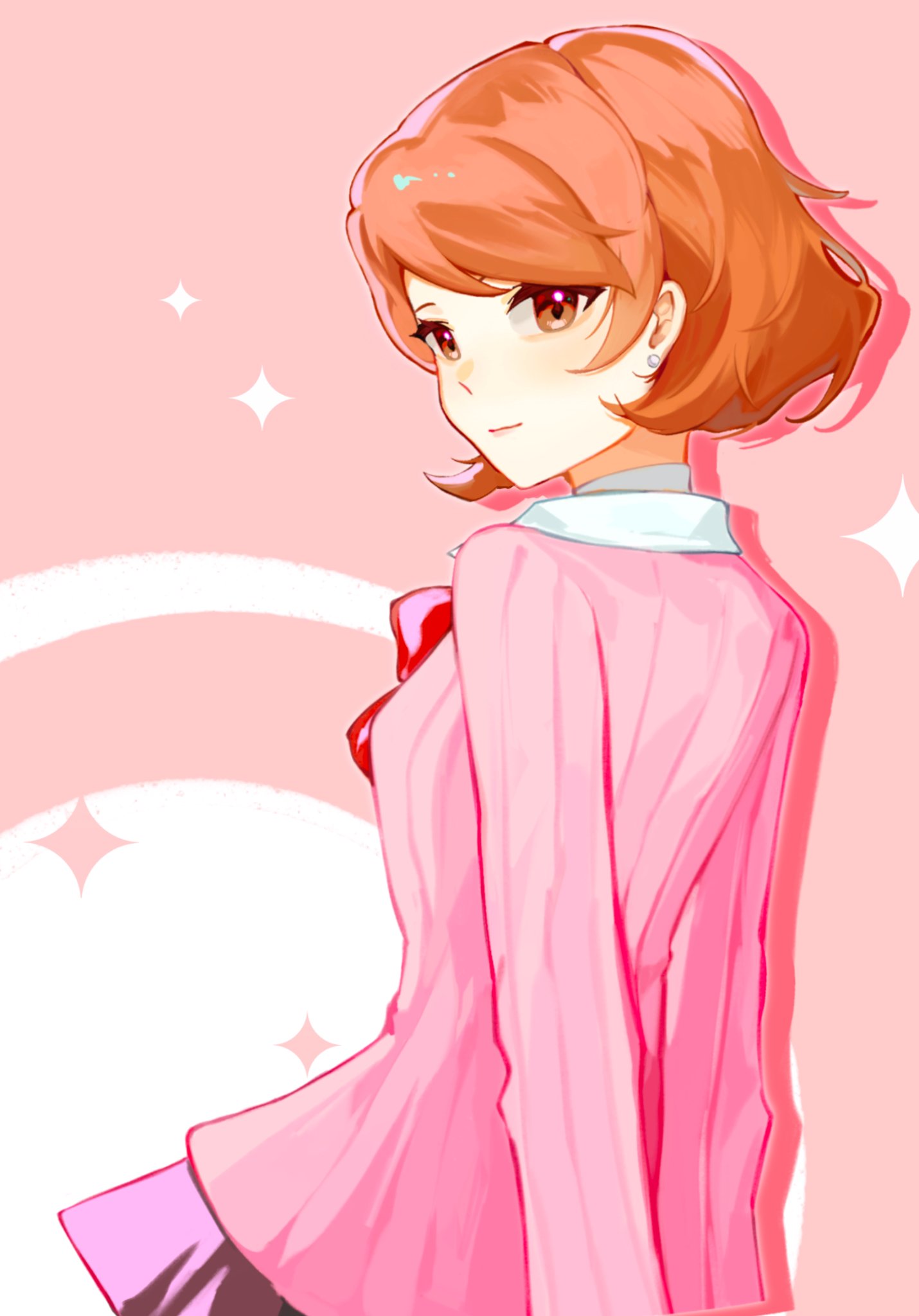 efpp2tszit9qpy8, takeba yukari, persona, persona 3, commentary, highres, symbol-only commentary, 1girl, arms behind back, black skirt, blush, bow, bowtie, breasts, brown eyes, brown hair, cardigan, choker, closed mouth, collared shirt, drop shadow, earrings, flipped hair, from behind, from side, gekkoukan high school uniform, hair behind ear, jewelry, light smile, long sleeves, looking at viewer, looking to the side, miniskirt, pink background, pink cardigan, pleated skirt, red bow, red bowtie, ribbed cardigan, school uniform, shirt, short hair, skirt, solo, sparkle, stud earrings, swept bangs, two-tone background, upper body, white choker, white shirt