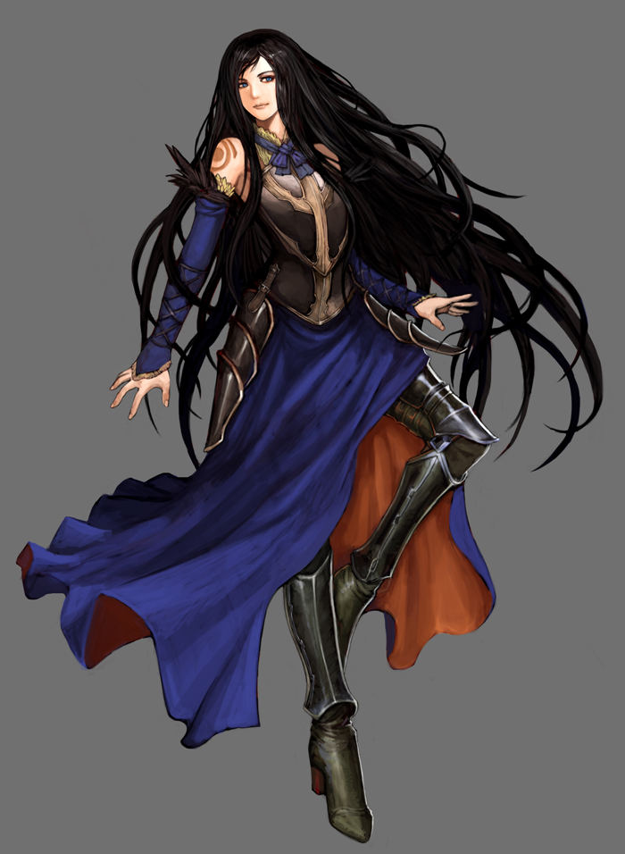 lieqi hun, shanoa (castlevania), castlevania: order of ecclesia, castlevania (series), konami, bad id, bad pixiv id, 1girl, armor, bare shoulders, black hair, blue eyes, boots, dress, female focus, high heels, long hair, shoes, solo, very long hair
