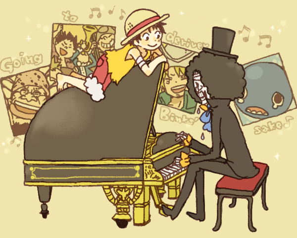 yukke, brook (one piece), laboon, monkey d. luffy, yorki, one piece, 2boys, 4boys, afro, ascot, bandages, bandana, barefoot, beard, bench, black hair, blonde hair, cowboy hat, crocus (one piece), crying, english text, engrish text, facial hair, grand piano, grin, hat, instrument, male focus, mizuta madaisuki, multiple boys, music, musical note, piano, piano bench, ranguage, red shorts, red upholstery, scar, shorts, sitting, skeleton, smile, straw hat, tears, thriller bark, top hat, trumpet, vest, whale