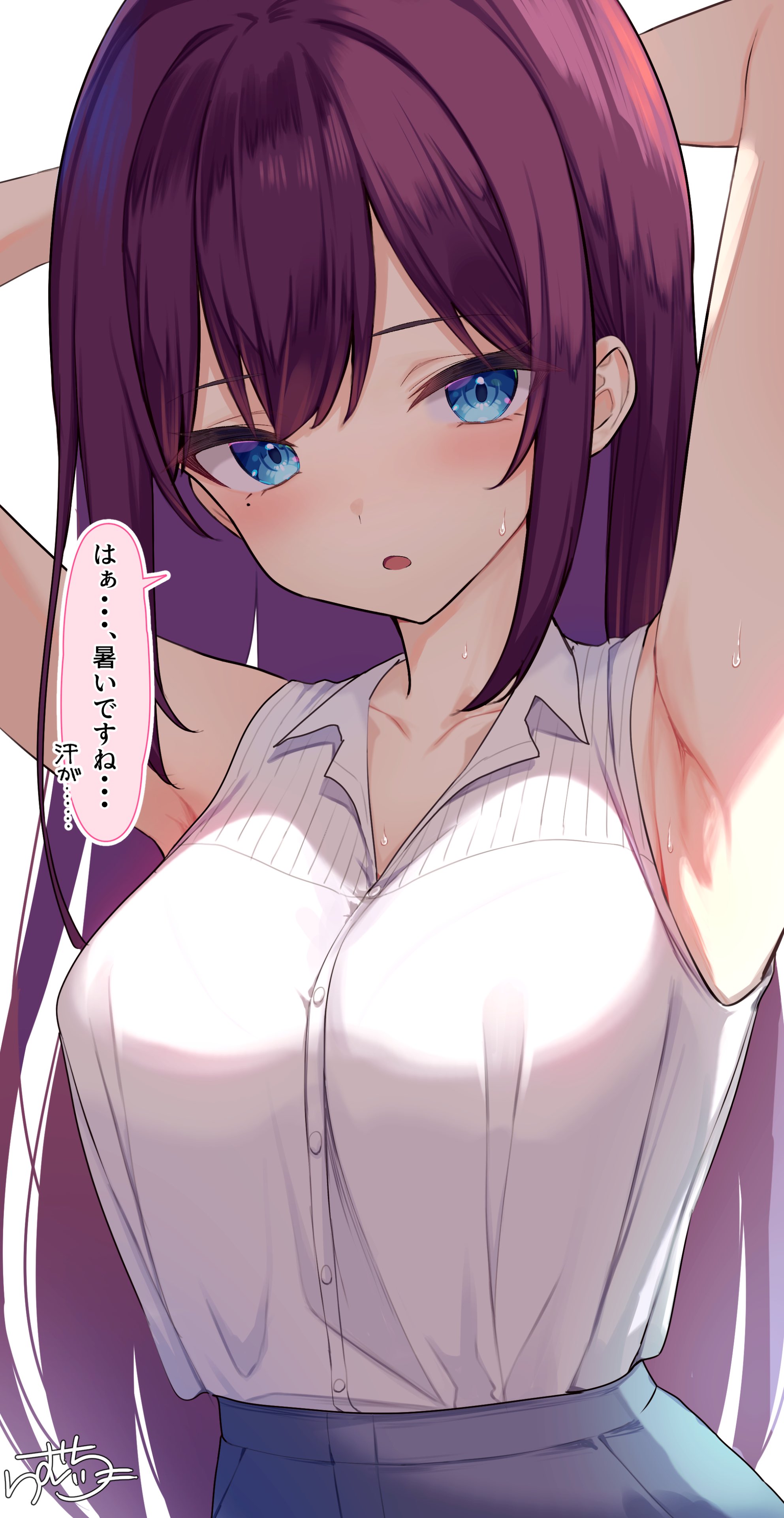 ramchi, maid-chan (ramchi), original, absurdres, commentary, highres, 1girl, arm behind head, armpits, arms up, blue eyes, breasts, collarbone, light blush, long hair, looking at viewer, open mouth, purple hair, shirt, sidelocks, sleeveless, sleeveless shirt, solo, speech bubble, sweat, sweatdrop, swept bangs, white shirt