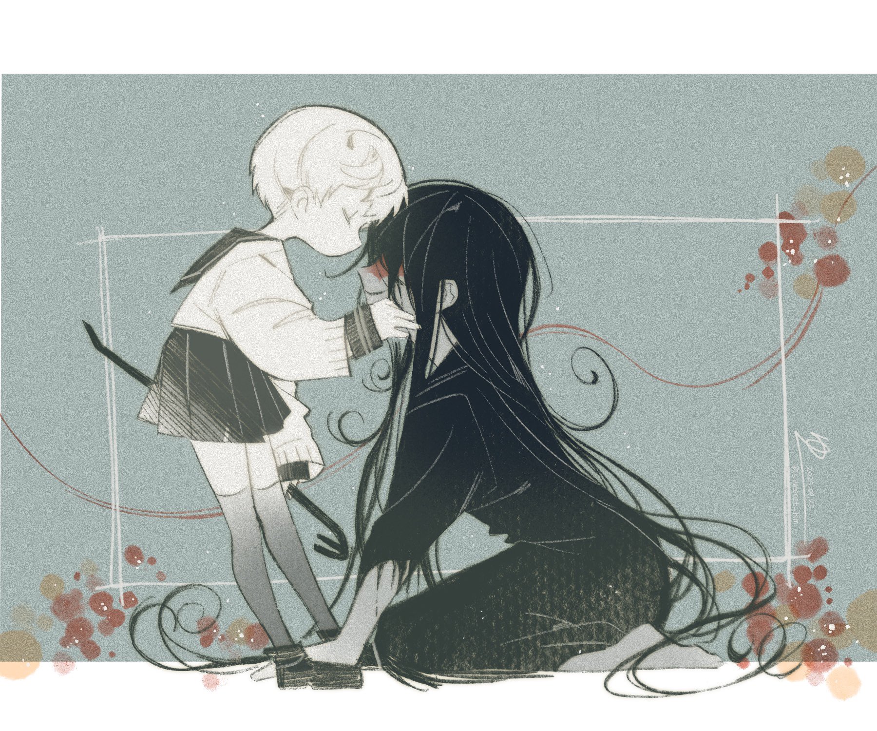 sweeeet him, adashino adami, mr. crawling, homicipher, commentary, highres, 1boy, 1girl, black hair, black kimono, blood, blood on face, blue background, crowbar, heads together, holding, holding crowbar, japanese clothes, kimono, long hair, school uniform, serafuku, short hair, skirt, thighhighs, very long hair, white hair