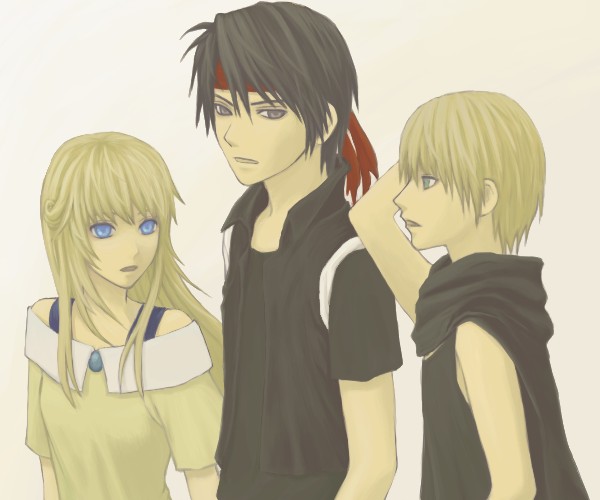 miyako (threeworlds), cleo everlastin, majic lin, orphen, majutsushi orphen, 1girl, 2boys, black hair, blonde hair, blue eyes, headband, multiple boys