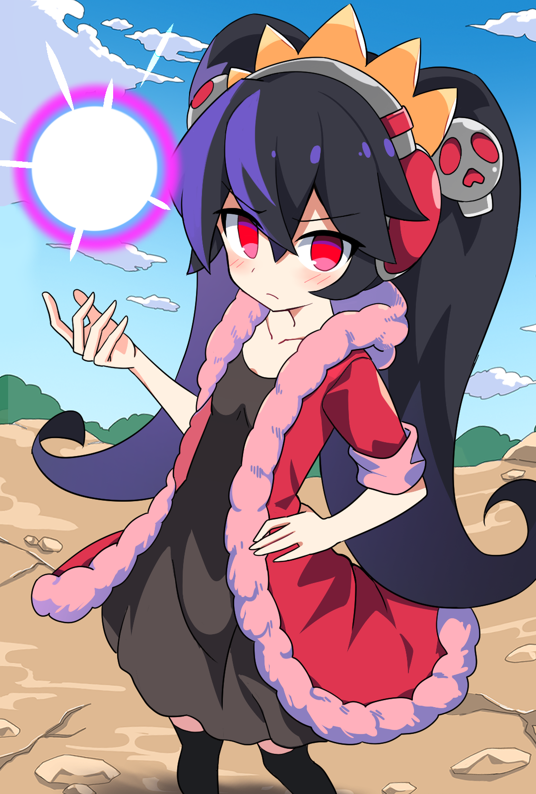 e.o., ashley (warioware), crazy galaxy, nintendo, warioware, commission, commissioner upload, highres, non-web source, skeb commission, 1girl, black dress, black hair, black thighhighs, blush, breasts, crown, dress, energy ball, hair ornament, headphones, jacket, long sleeves, looking at viewer, official alternate costume, outdoors, red eyes, red jacket, skull hair ornament, sleeves rolled up, small breasts, solo, thighhighs, twintails